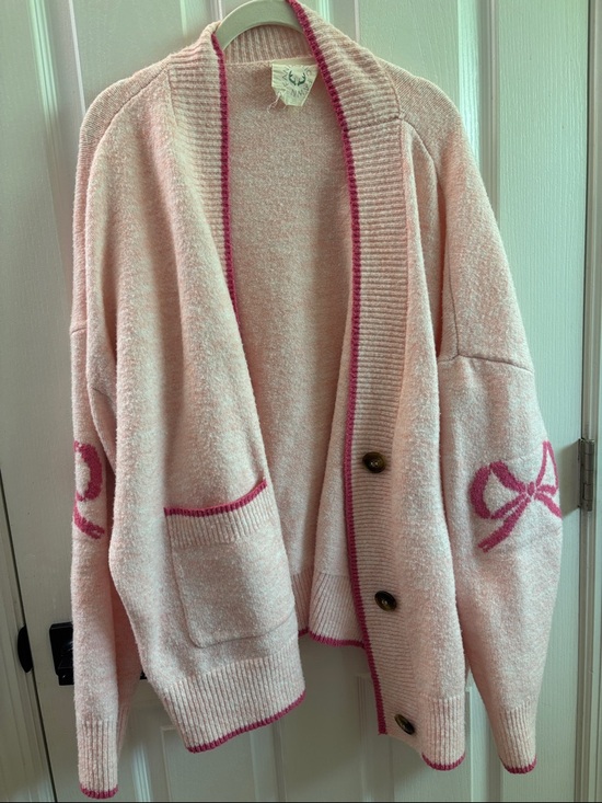Fantastic Fawn Sweaters - Fantastic Fawn Pale Pink Cardigan with Dark Pink Bow Accents